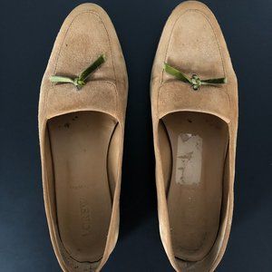 Tan Suede Loafers with Green Velvet Ribbons